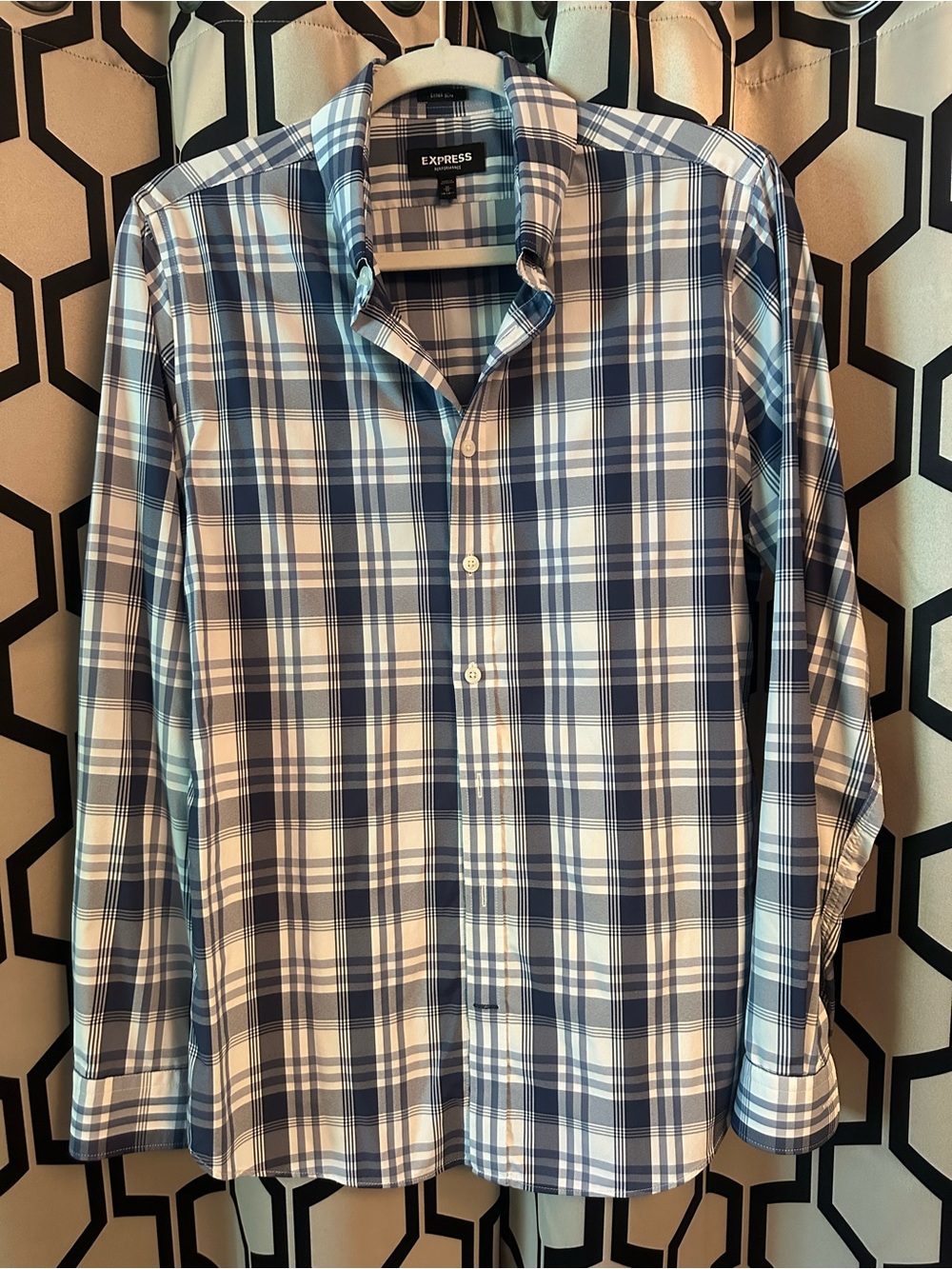Express Blue and White Plaid Long-Sleeve Dress Shirt